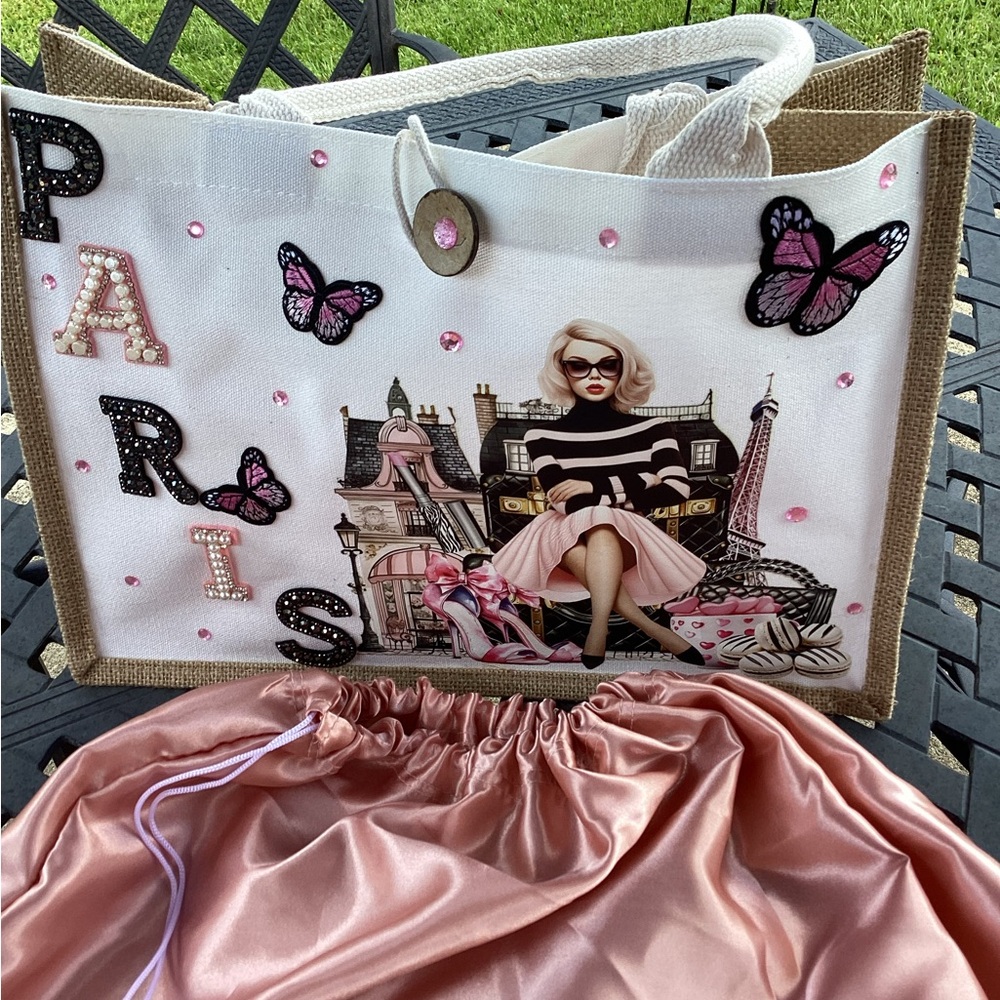 Handmade Paris Themed Tote Bag with Butterfly Design